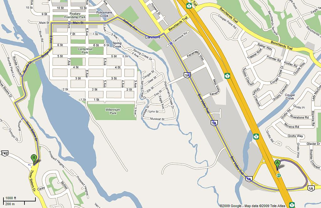 A map of Canmore, AB,
showing directions from Hwy 1 (Trans-Canada Hwy) to Hwy 742