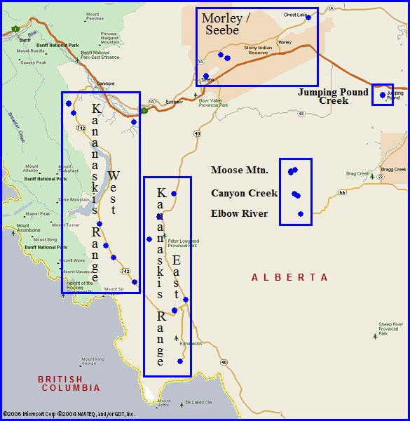 A map showing 5 areas in the western region of Alberta, Canada where Brokeback Mountain was filmed.