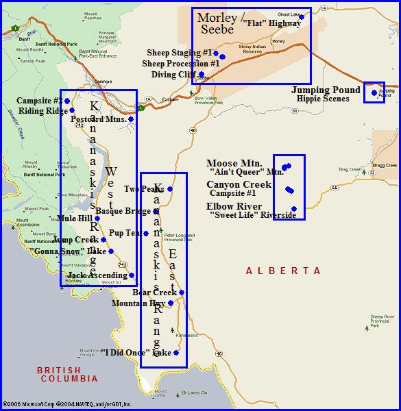 A map showing 5 areas in the western region of Alberta, Canada where Brokeback Mountain was filmed.
