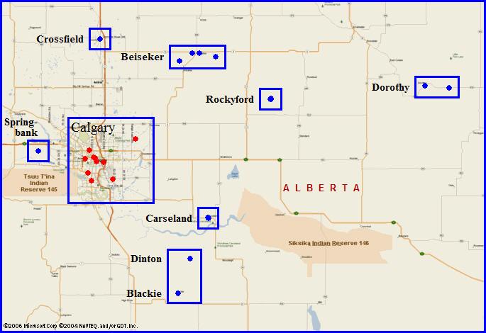 A map showing 8 areas in the eastern region of Alberta, Canada where Brokeback Mountain was filmed.