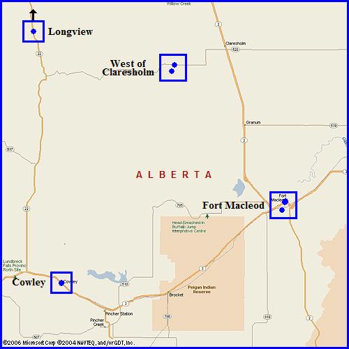 A map showing 4 areas in the southern region of Alberta, Canada where Brokeback Mountain was filmed.